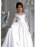 Sheer Long Sleeve Ivory Lace Satin Flower Girl Dress